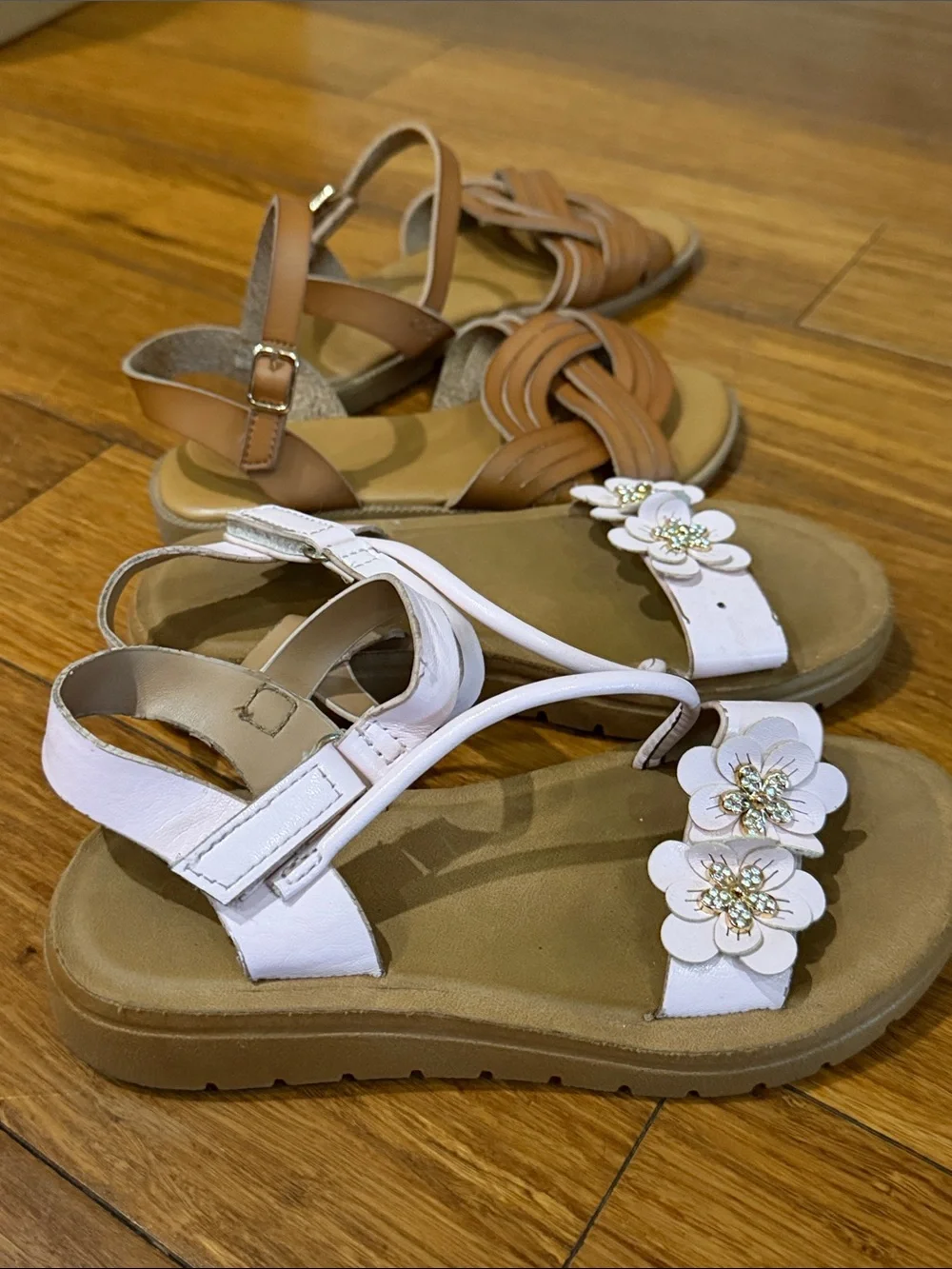 Bundle 2x Girl pink Floral Sandals and Tan Braided Strap Sandals size 12